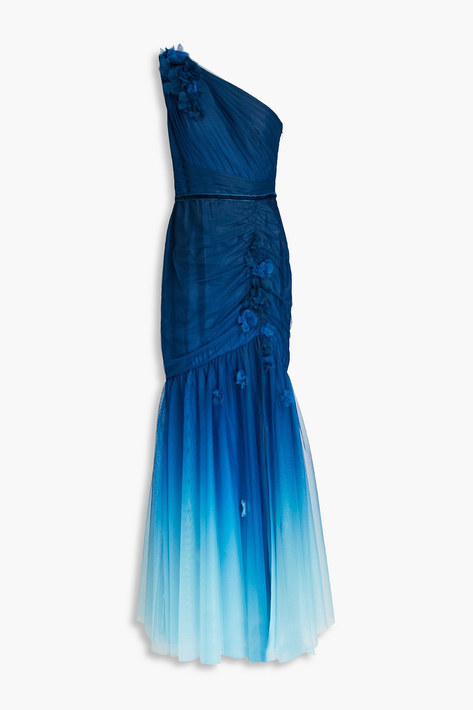 Marchesa Notte One-shoulder floral-appliquéd dégradé tulle gown