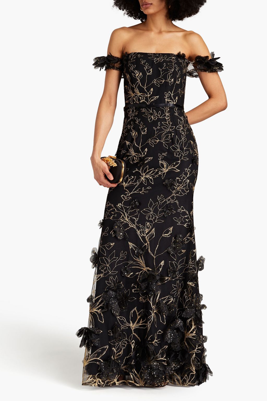 MARCHESA NOTTE Floral-appliquéd embroidered tulle gown