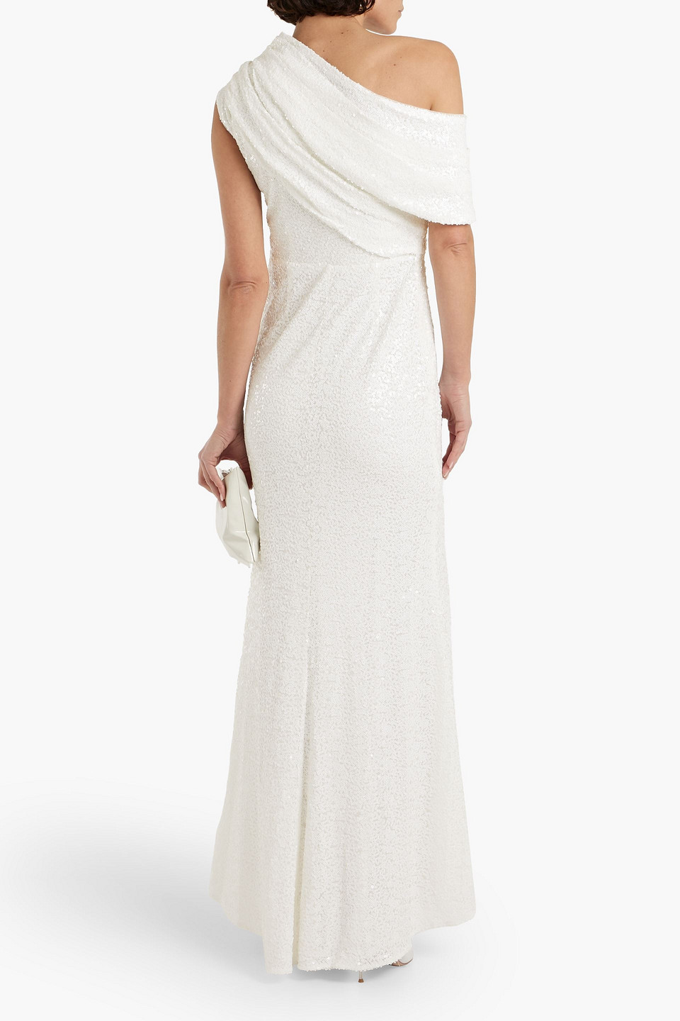 Shop Badgley Mischka One-shoulder Draped Sequined Tulle Gown In Ivory