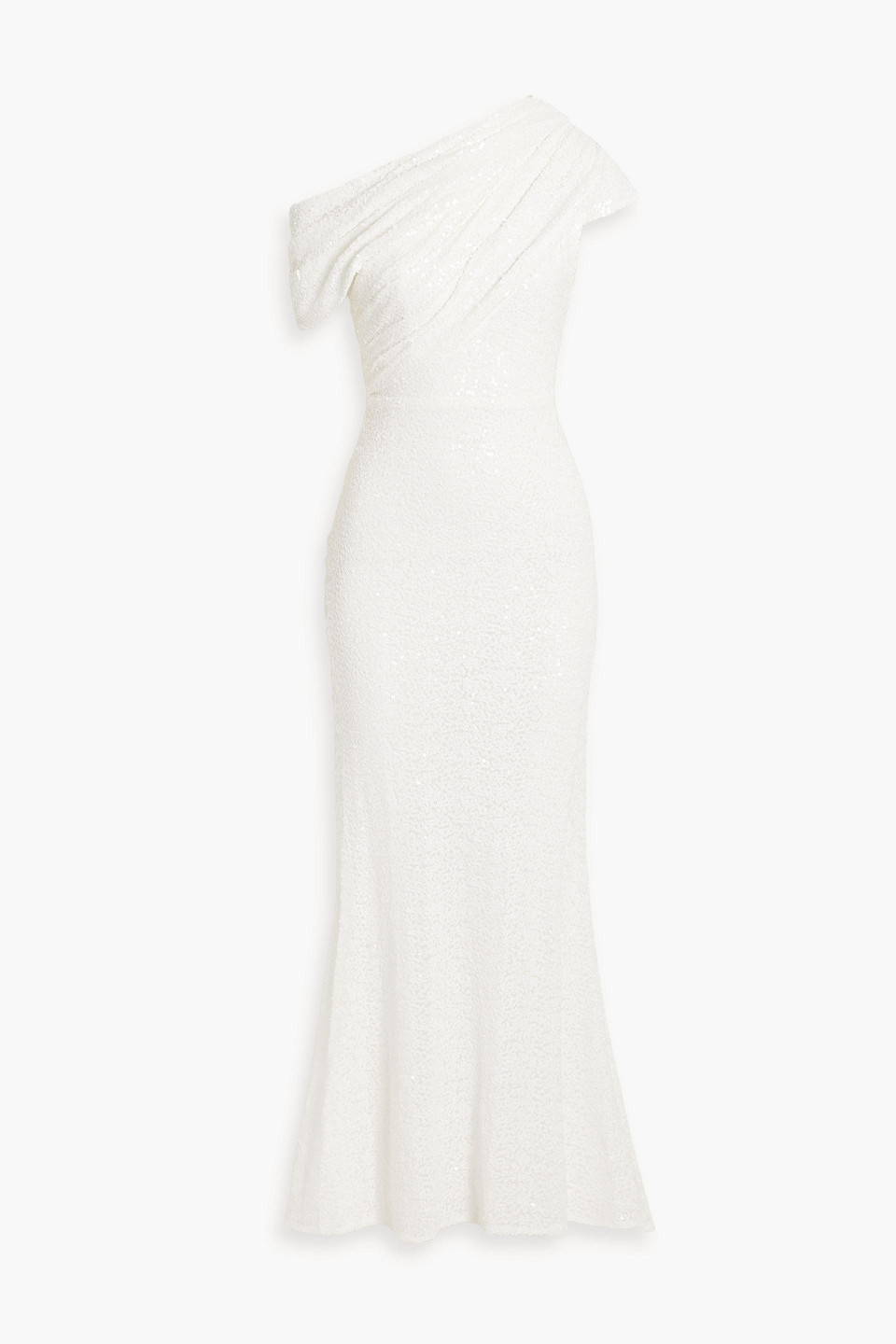 Badgley Mischka One-shoulder Draped Sequined Tulle Gown In Ivory