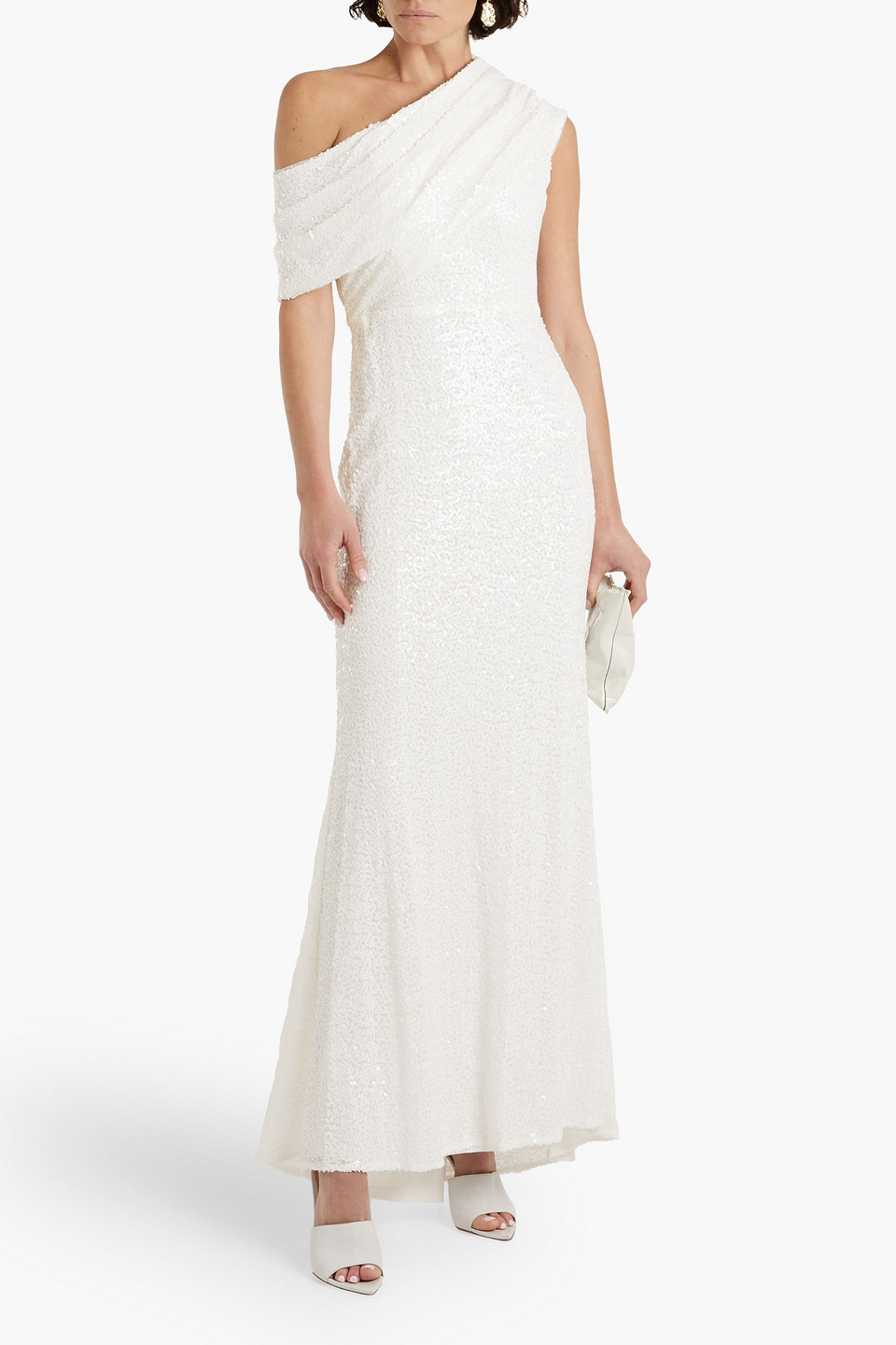 Shop Badgley Mischka One-shoulder Draped Sequined Tulle Gown In Ivory