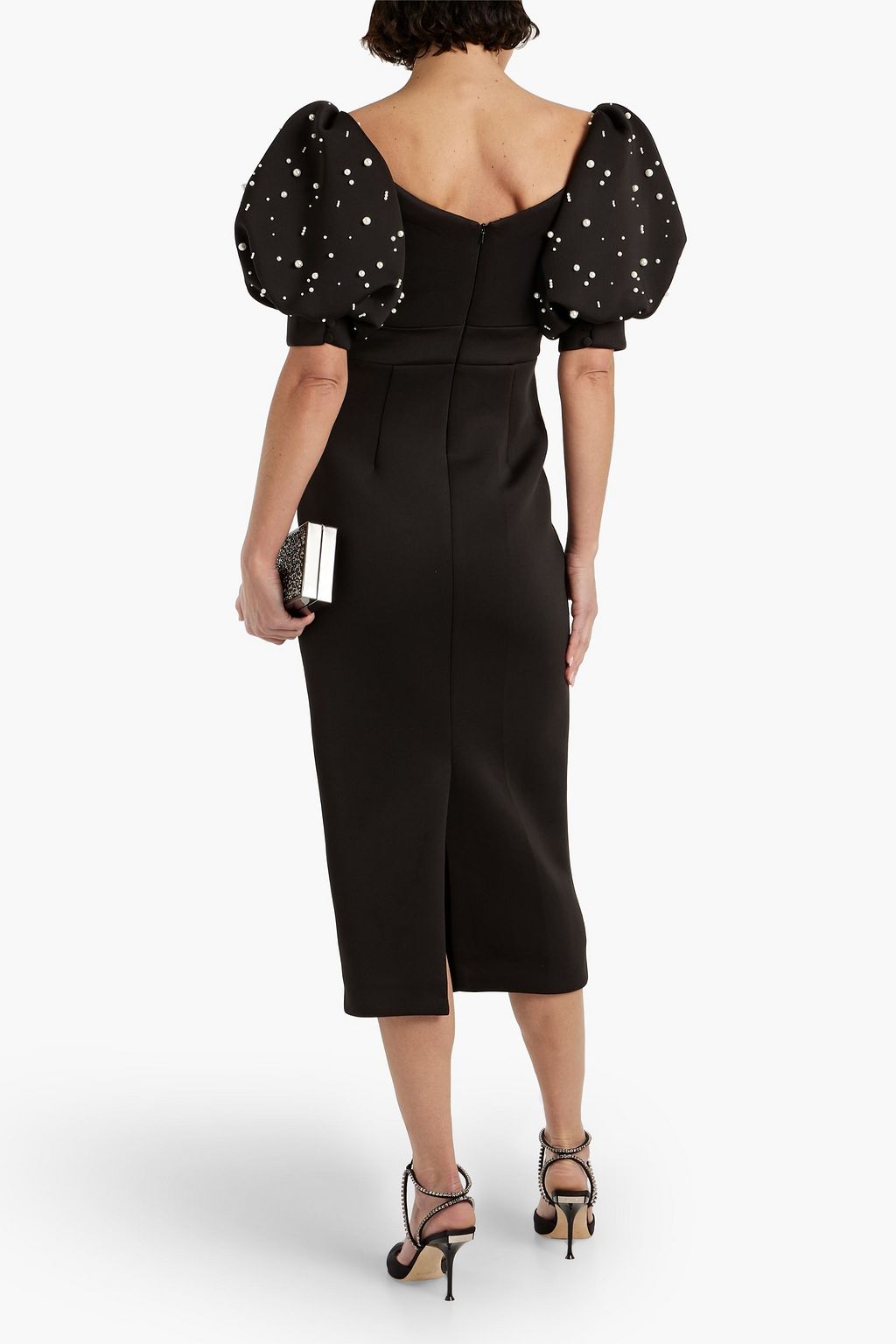 BADGLEY MISCHKA Off-the-shoulder embellished scuba midi dress