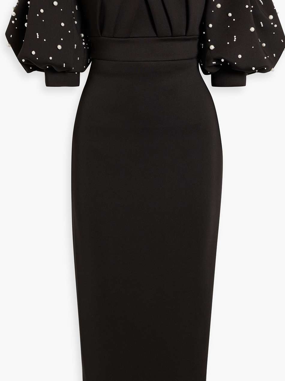 off-the-shoulder embellished scuba midi dress