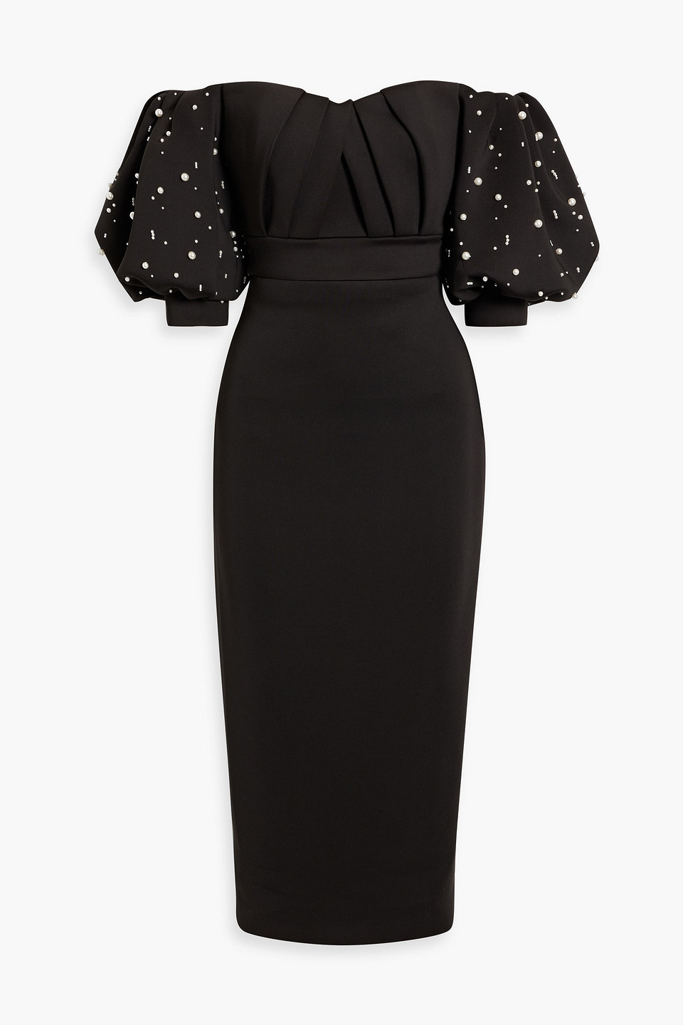 BADGLEY MISCHKA OFF-THE-SHOULDER EMBELLISHED SCUBA MIDI DRESS 3074457345635603172