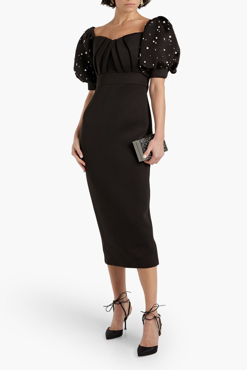 BADGLEY MISCHKA Off-the-shoulder embellished scuba midi dress