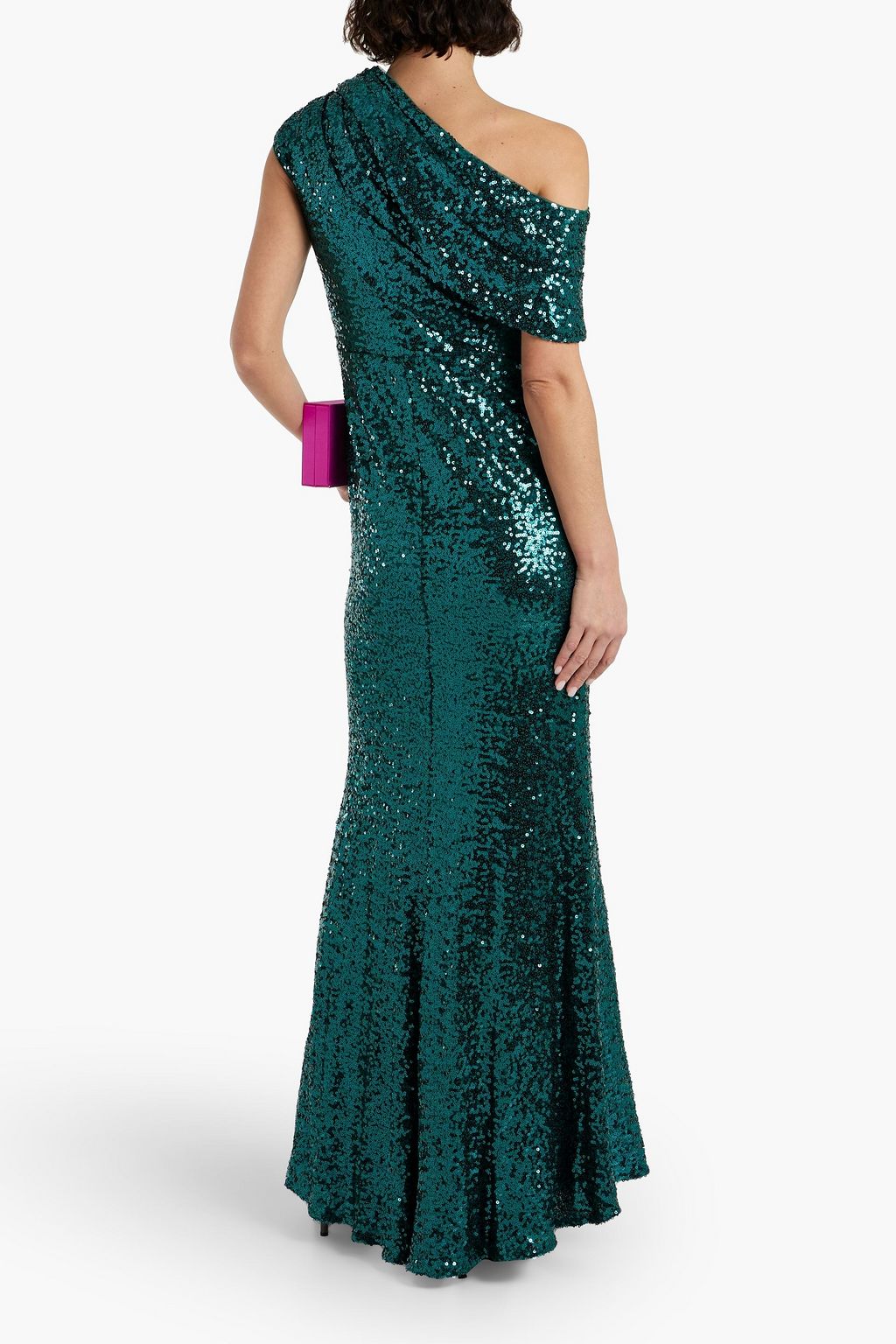 BADGLEY MISCHKA فستان سهرة بكتف واحد من التول بتصميم منسدل مزين بالترتر