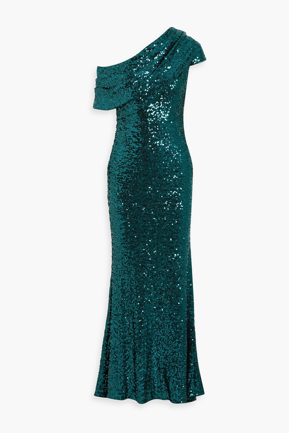 Badgley Mischka One-shoulder Draped Sequined Tulle Gown In Petrol