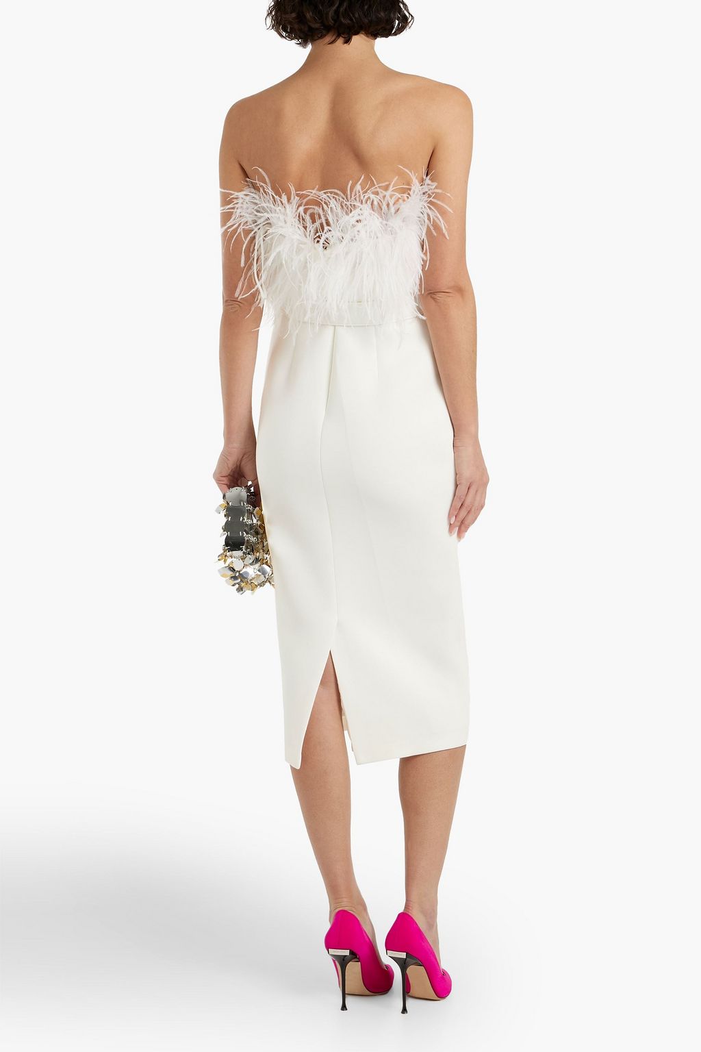 BADGLEY MISCHKA فستان متوسط الطول بدون حمالات من قماش سكوبا مزين بالريش