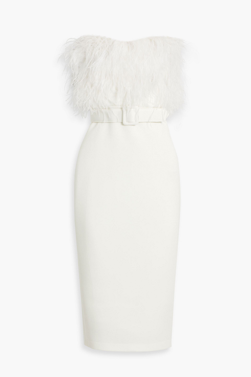 Badgley Mischka Strapless Feather-embellished Ponte Midi Dress In Ivory