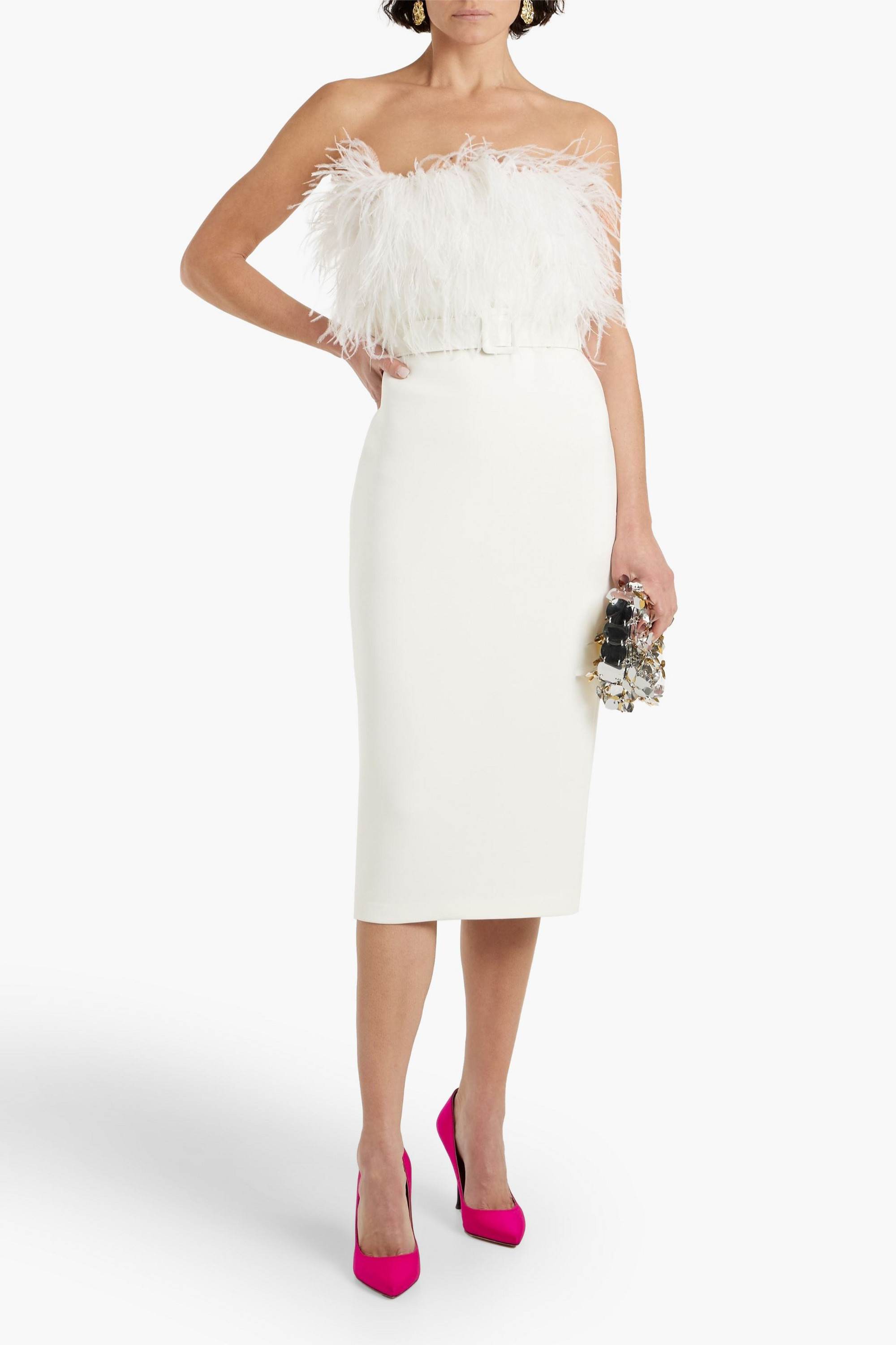 Badgley Mischka Strapless feather-embellished scuba midi dress