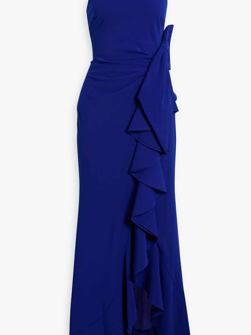 bow-embellished ruffled crepe gown