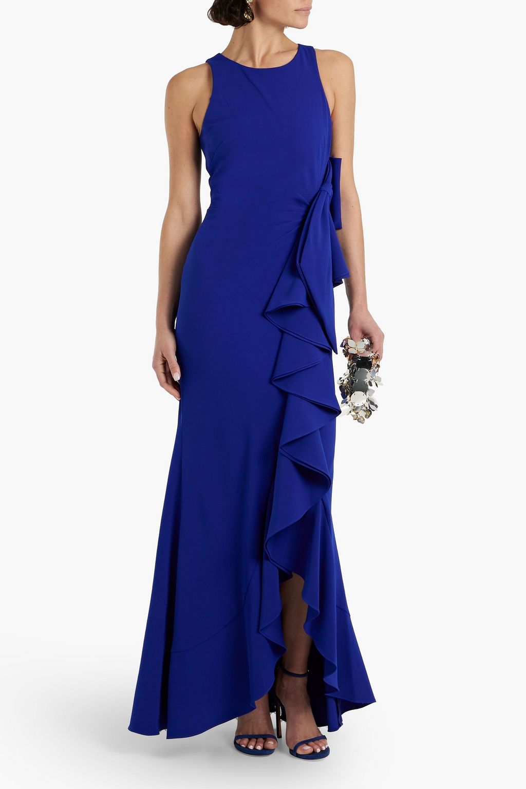 BADGLEY MISCHKA Bow-embellished ruffled crepe gown | THE OUTNET