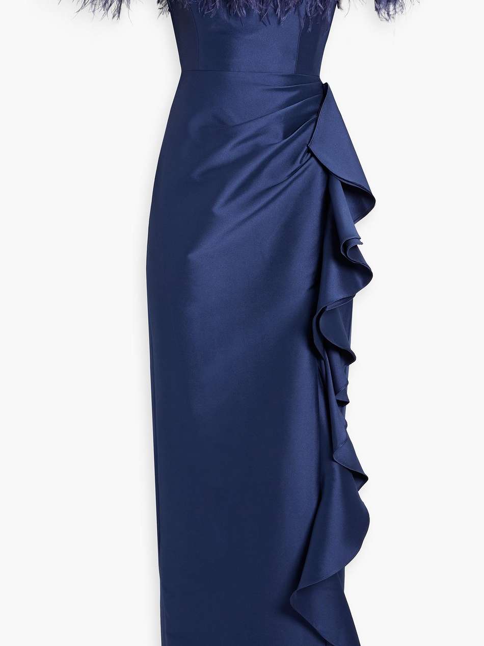 off-the-shoulder feather-trimmed ruffled faille gown