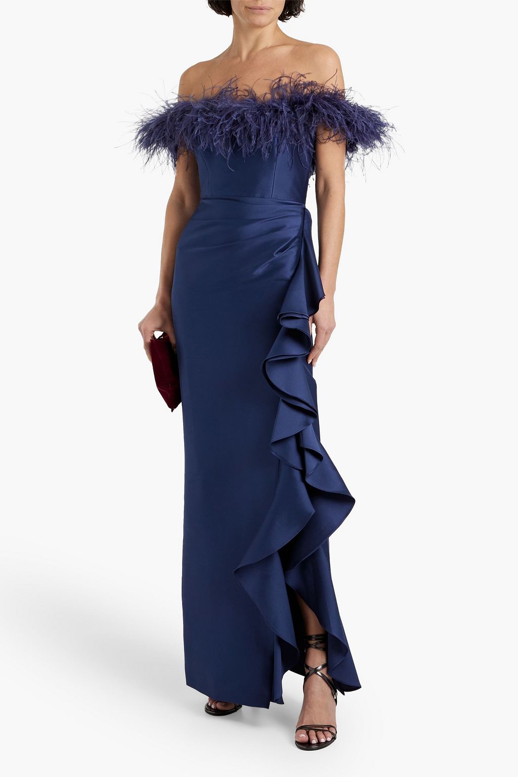 BADGLEY MISCHKA Off the shoulder feather trimmed ruffled faille gown THE OUTNET