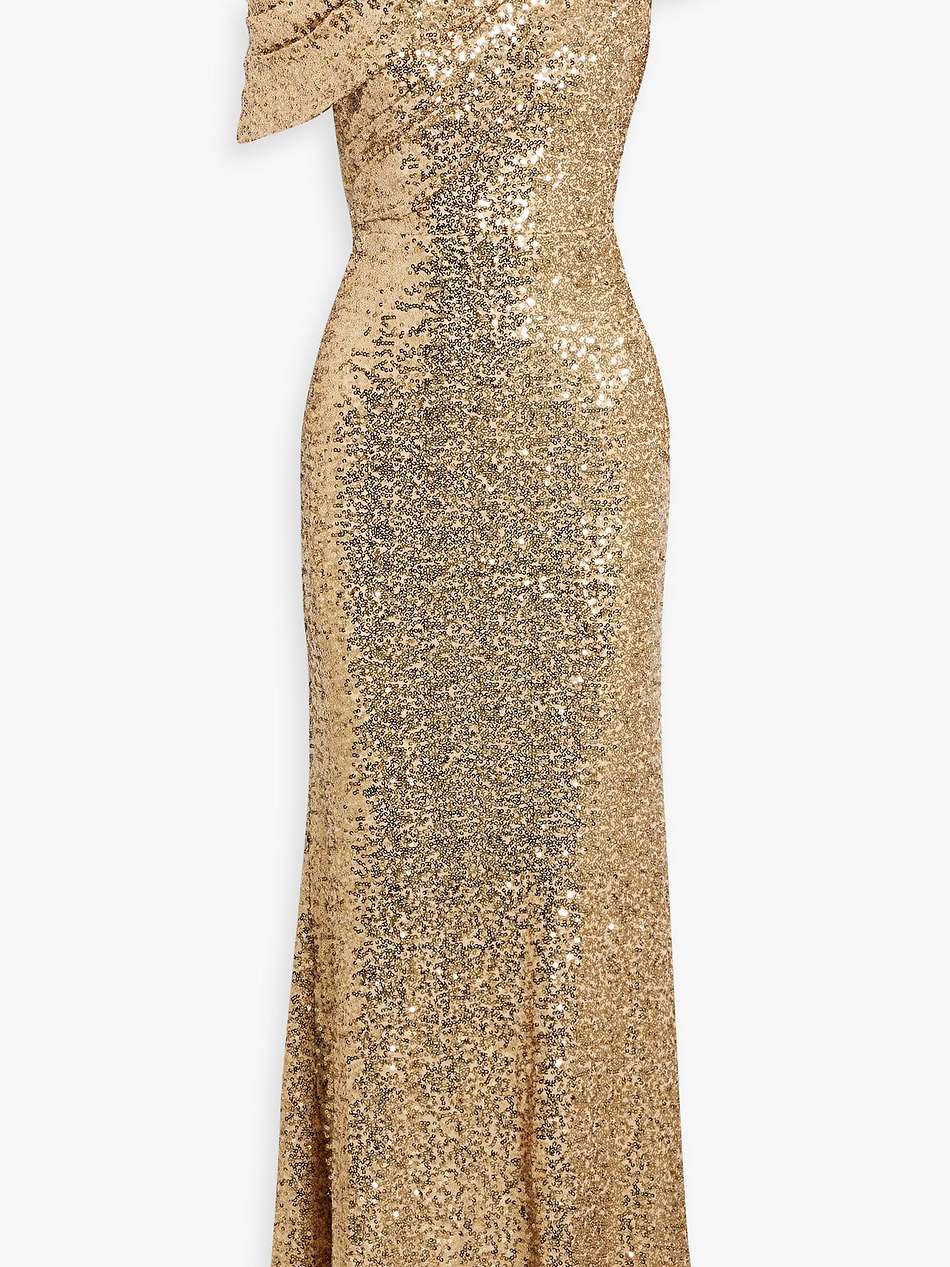 one-shoulder draped sequined tulle gown