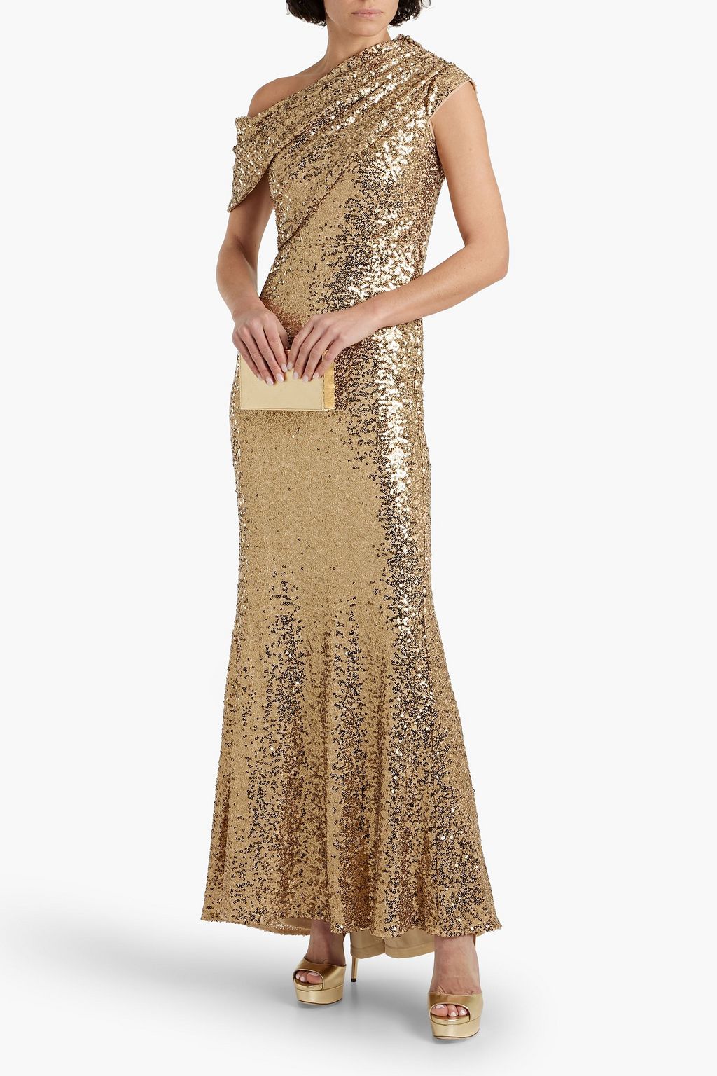 BADGLEY MISCHKA فستان سهرة بكتف واحد من التول بتصميم منسدل مزين بالترتر