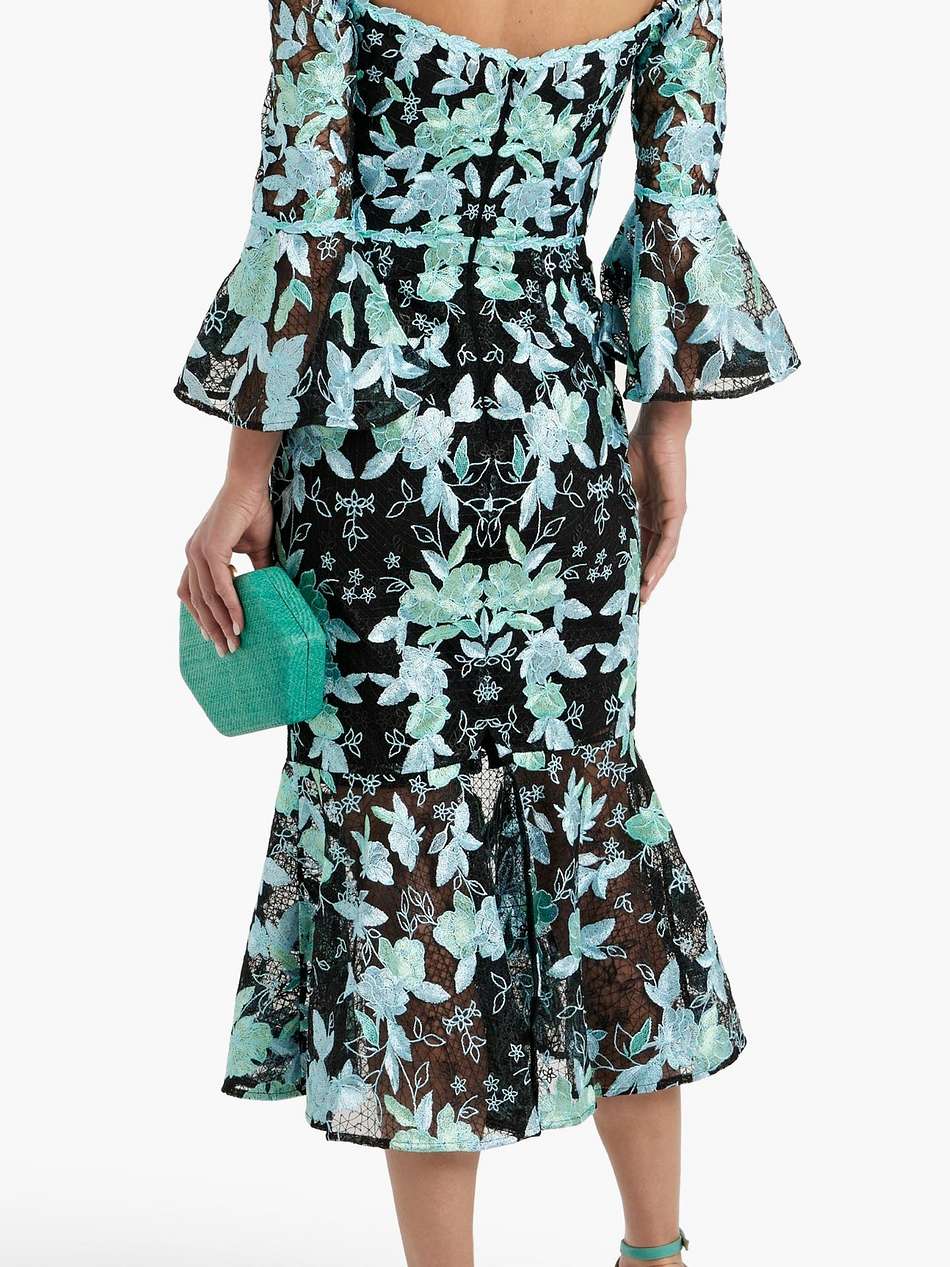 off-the-shoulder fluted embroidered tulle midi dress