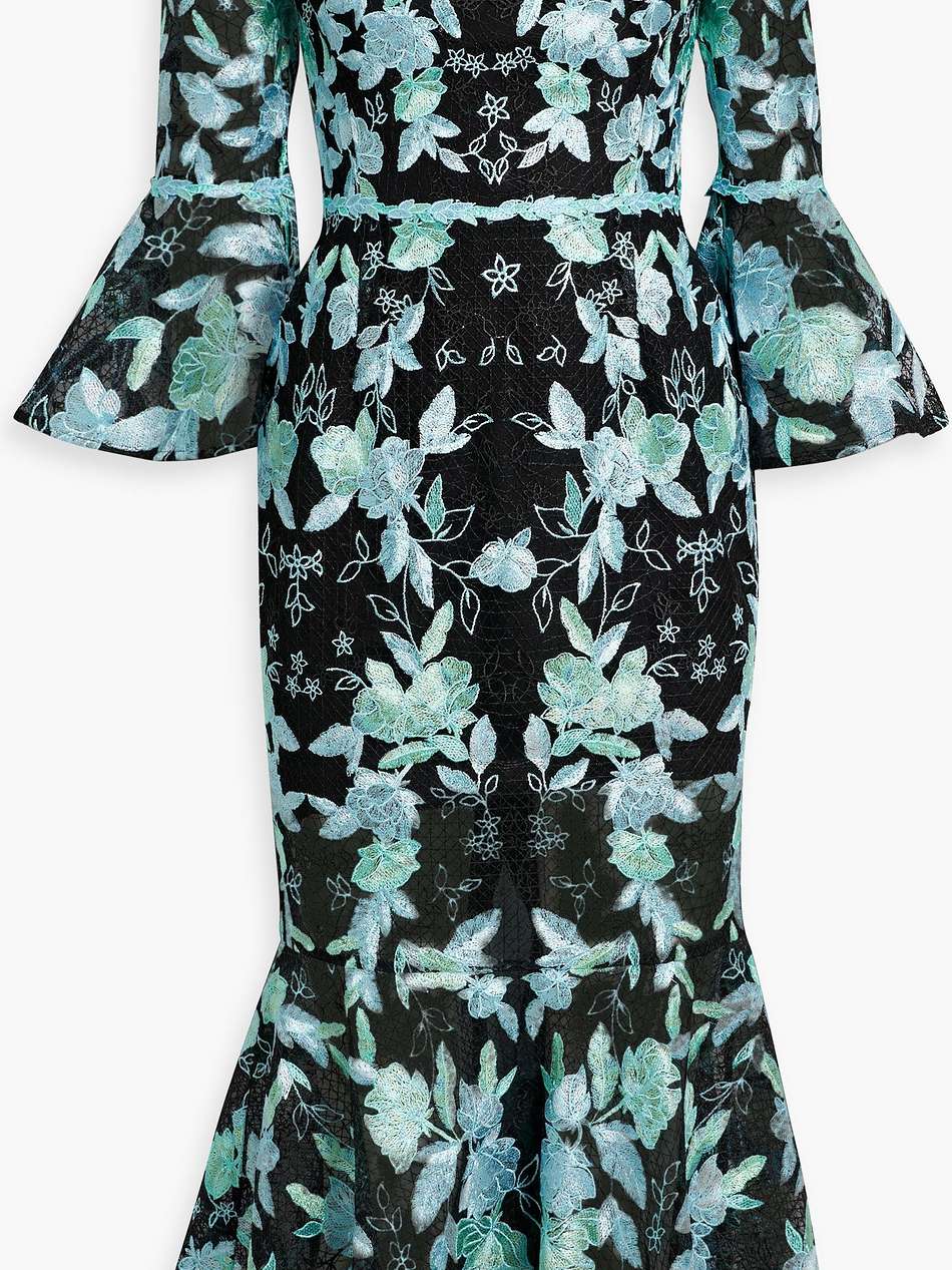 off-the-shoulder fluted embroidered tulle midi dress
