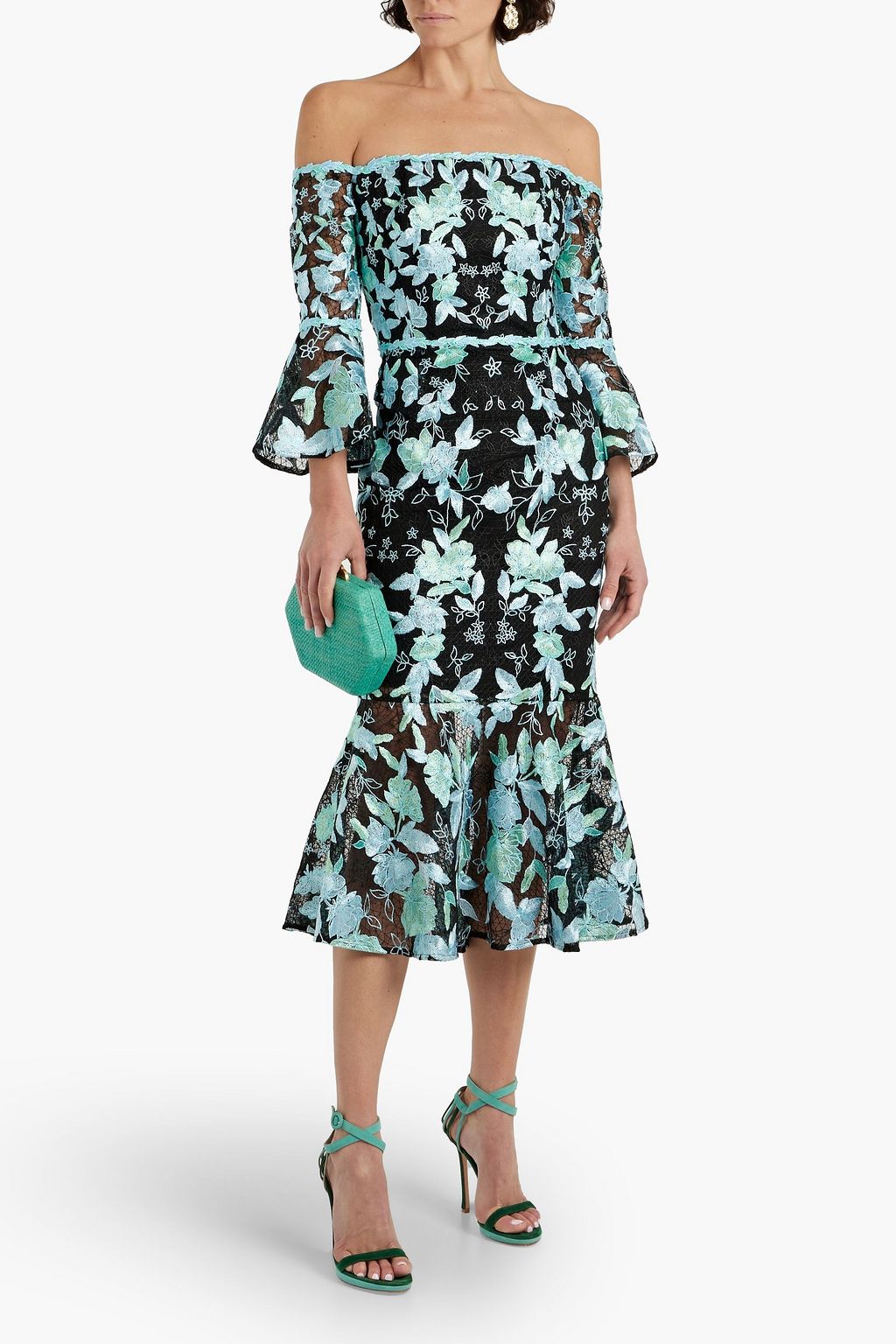MARCHESA NOTTE Off-the-shoulder fluted embroidered tulle midi dress
