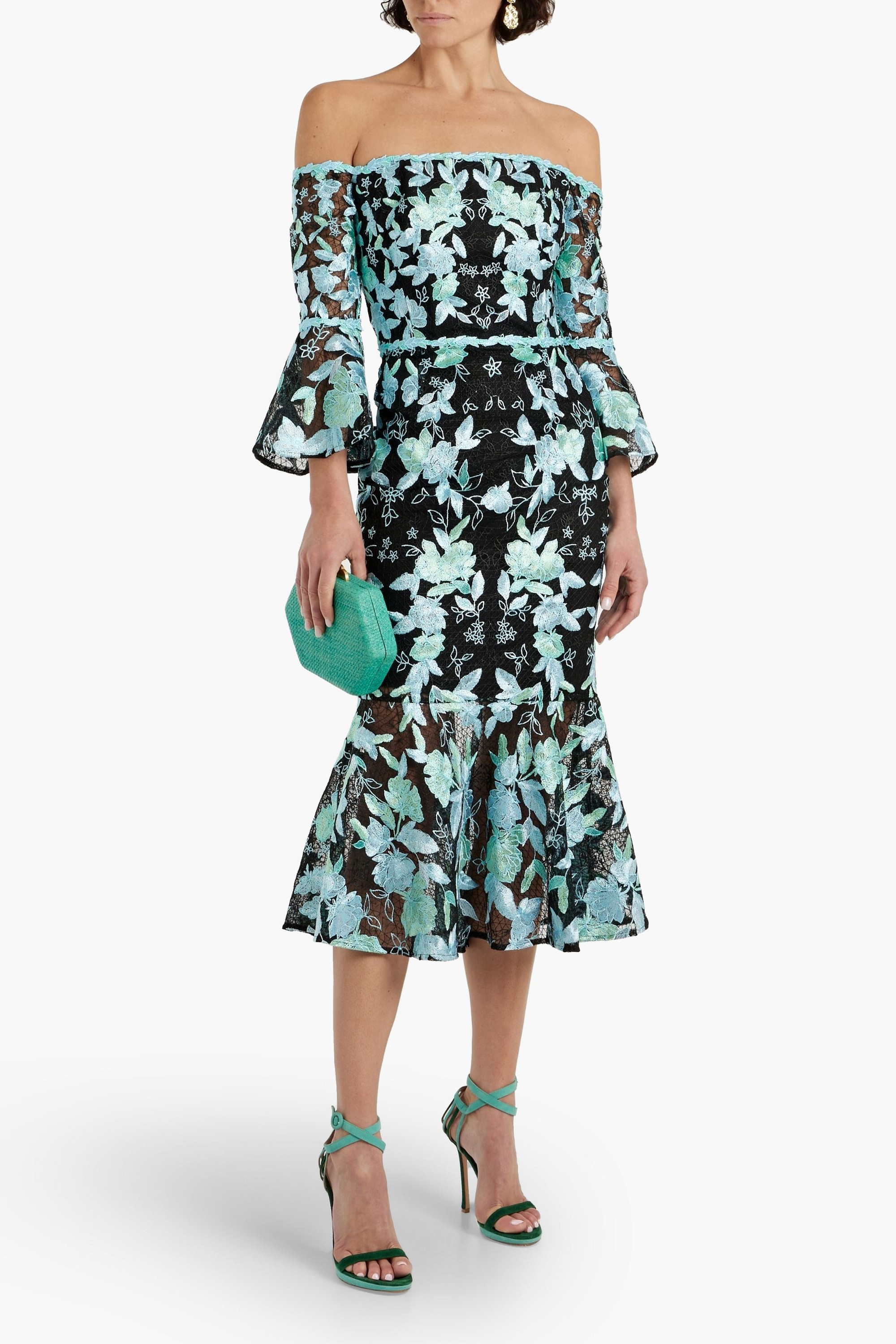 MARCHESA NOTTE Off-the-shoulder fluted embroidered tulle midi dress