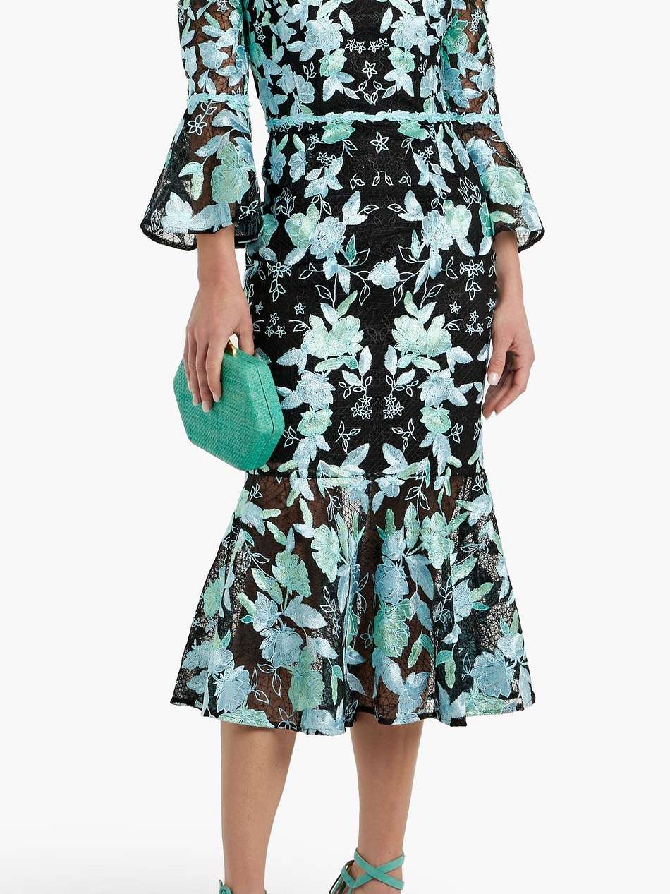 off-the-shoulder fluted embroidered tulle midi dress