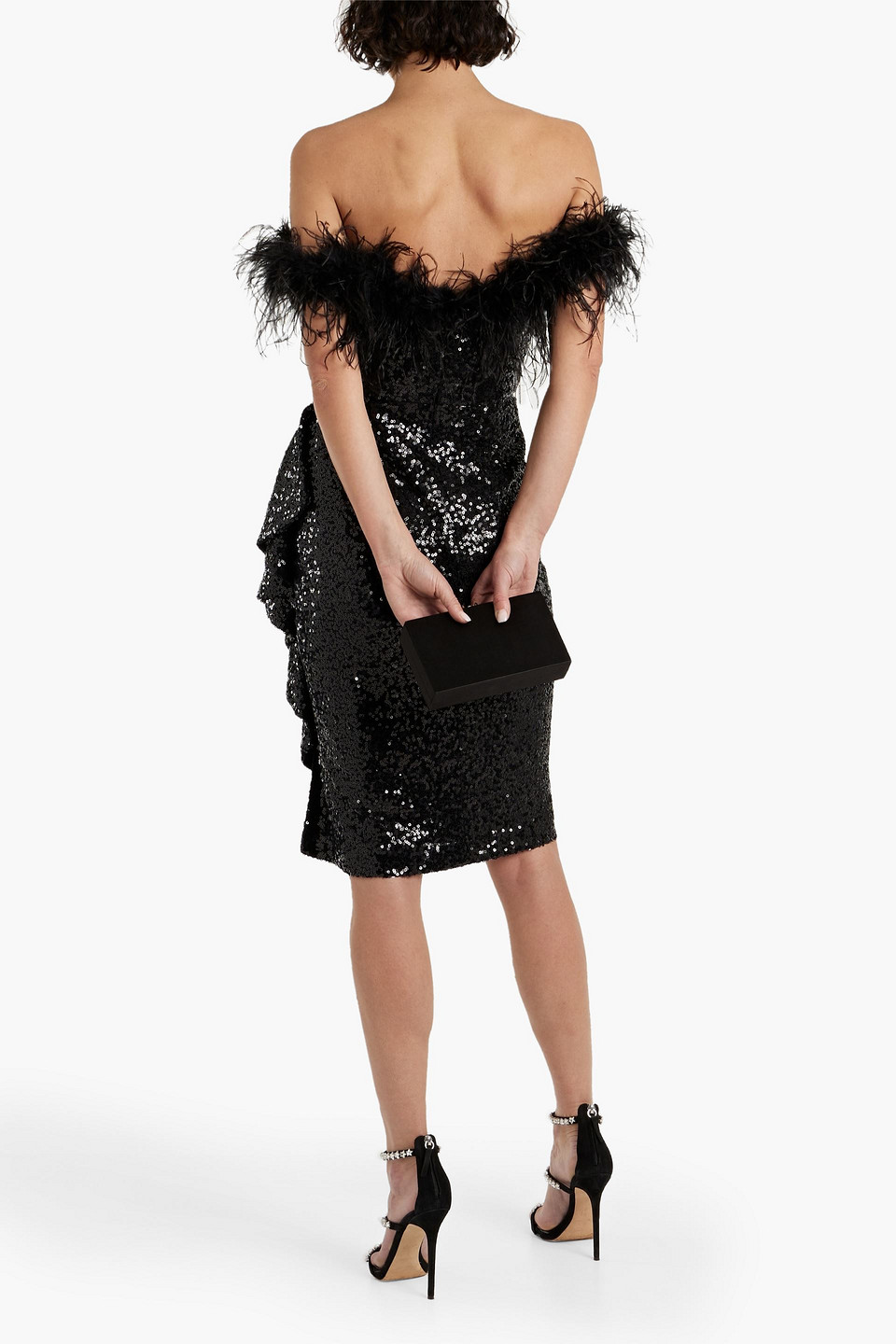 Shop Badgley Mischka Off-the-shoulder Feather-embellished Sequined Tulle Dress In Black