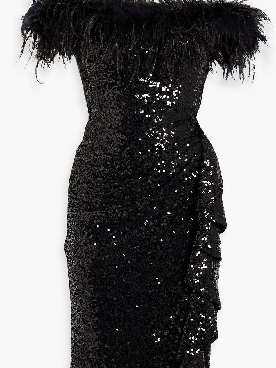 off-the-shoulder feather-embellished sequined tulle dress