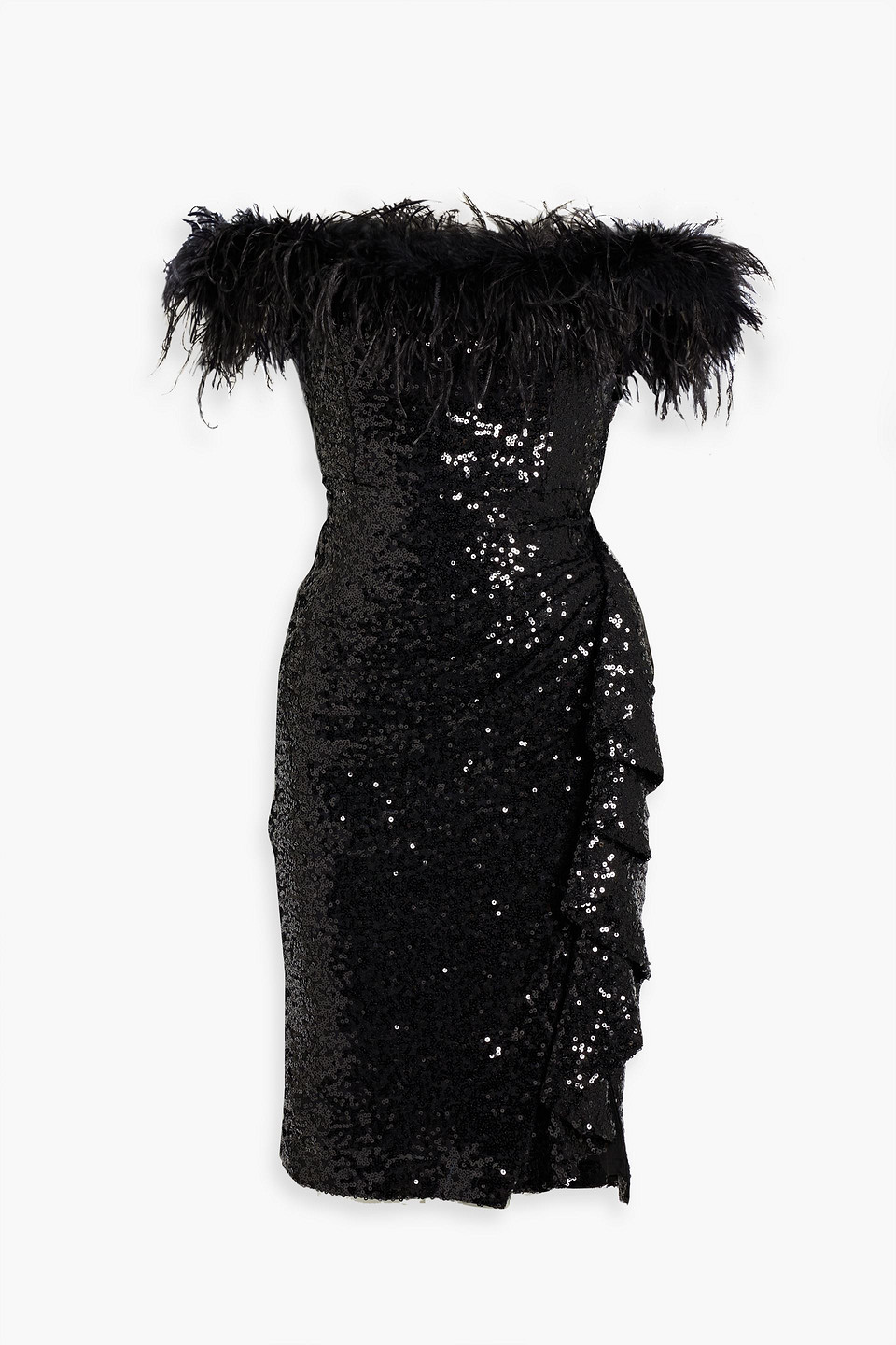 Shop Badgley Mischka Off-the-shoulder Feather-embellished Sequined Tulle Dress In Black