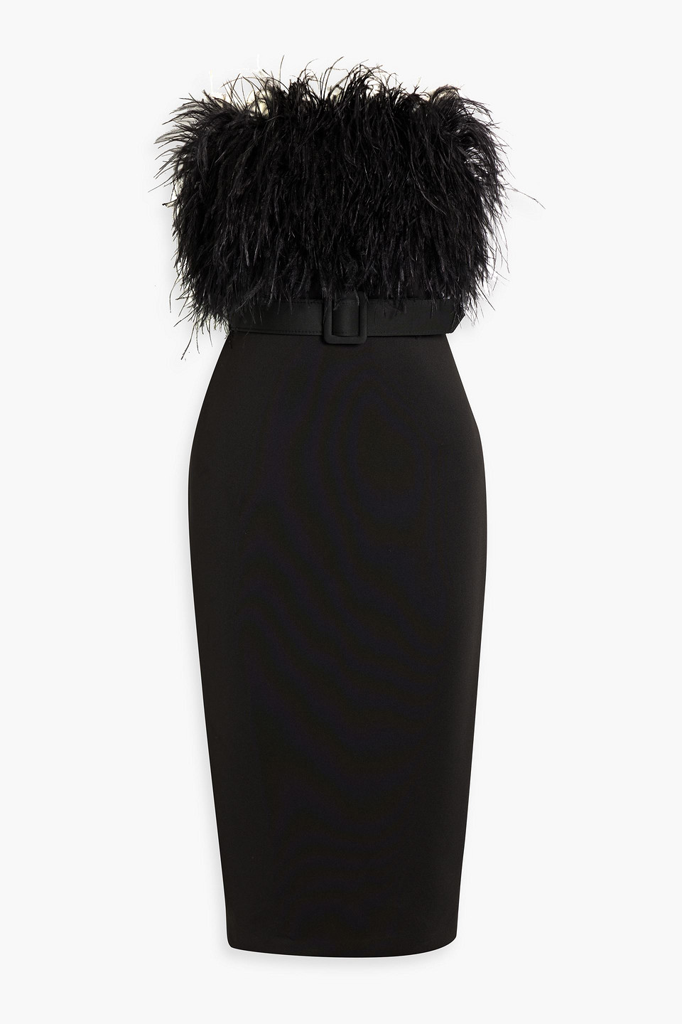 Badgley Mischka Strapless Feather-embellished Ponte Midi Dress In Black
