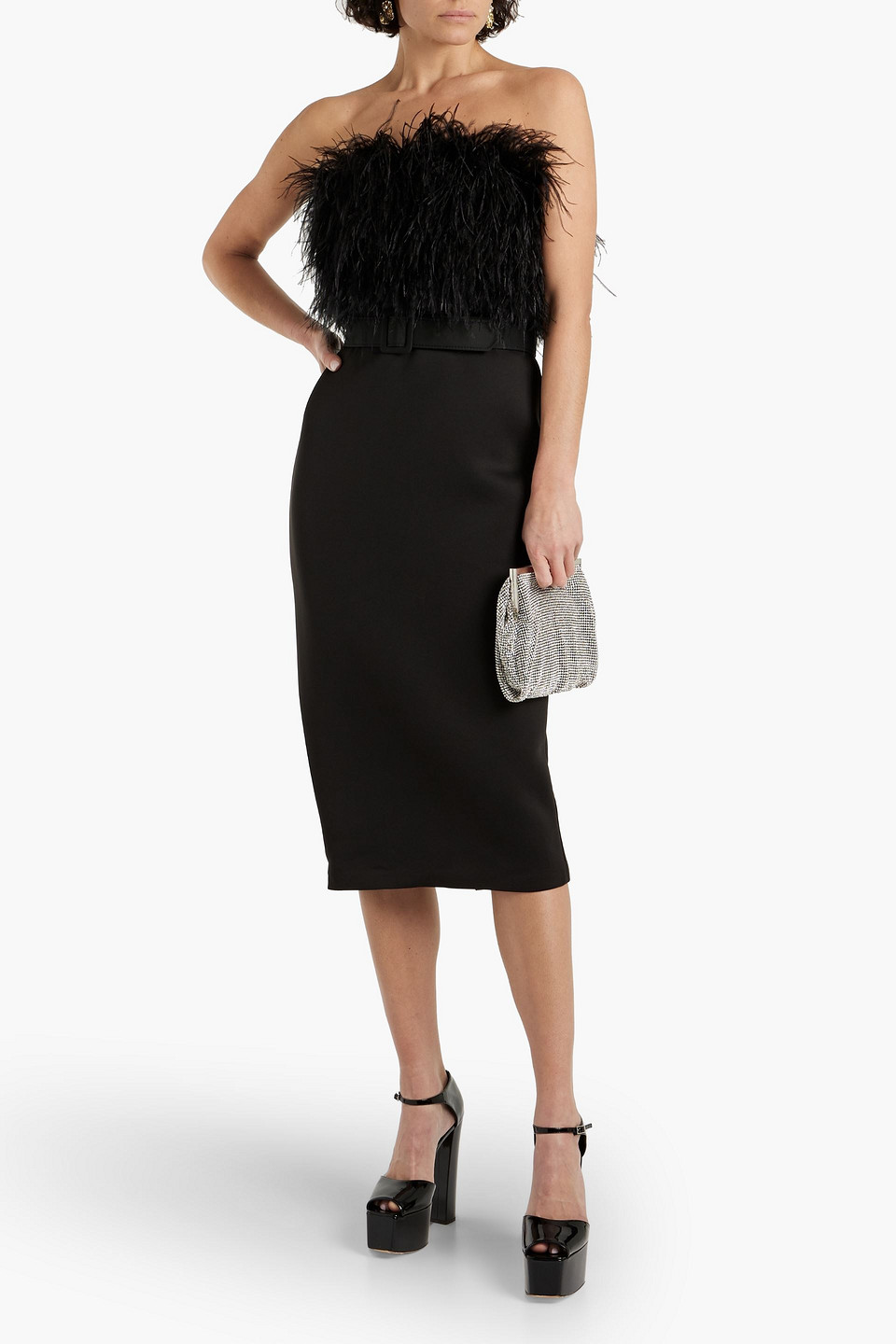 BADGLEY MISCHKA STRAPLESS FEATHER-EMBELLISHED SCUBA MIDI DRESS 3074457345635603641