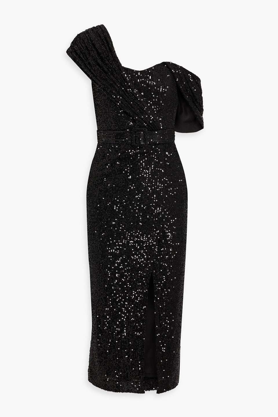 Badgley Mischka One-shoulder Draped Sequined Tulle Midi Dress In Black |  ModeSens