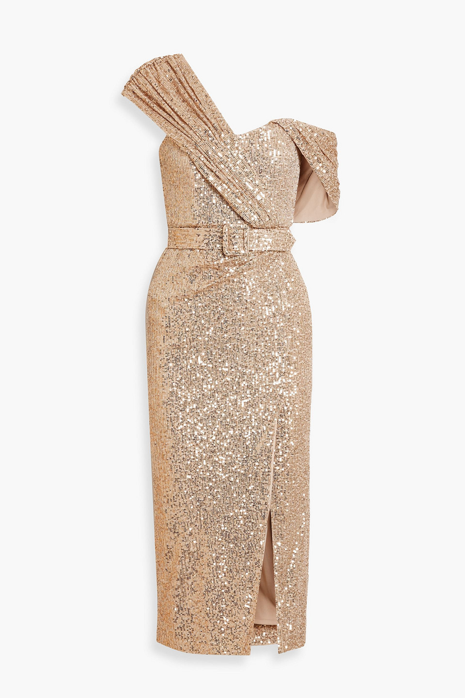 BADGLEY MISCHKA ONE-SHOULDER DRAPED SEQUINED TULLE MIDI DRESS 3074457345635604662