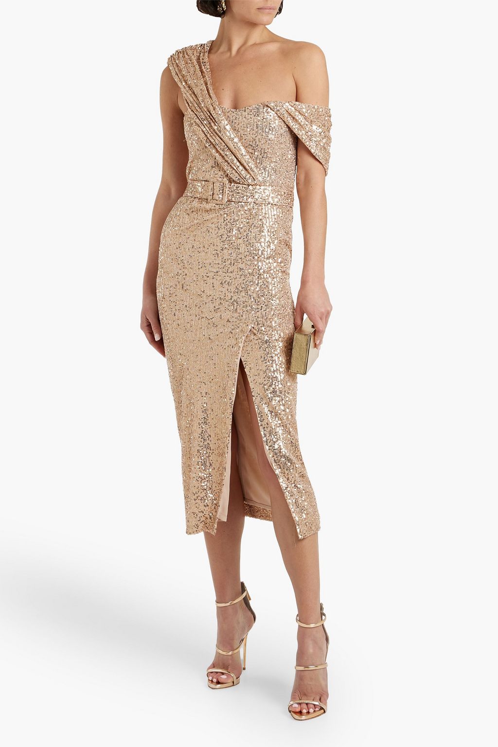 BADGLEY MISCHKA One-shoulder draped sequined tulle midi dress