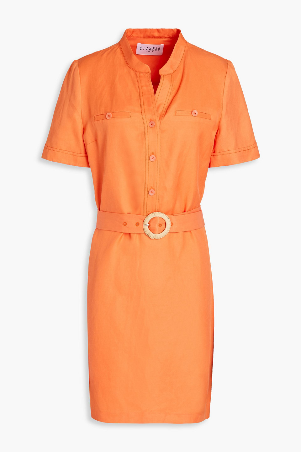 Claudie Pierlot Rousse Belted Woven Mini Shirt Dress In Orange