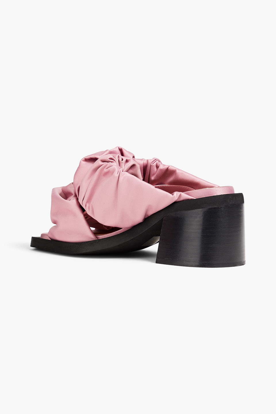 Shop Ganni Ruched Satin Mules In Antique Rose