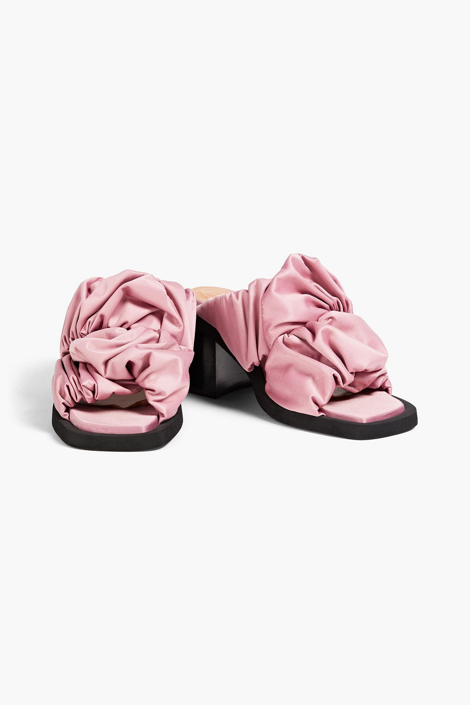 Shop Ganni Ruched Satin Mules In Antique Rose