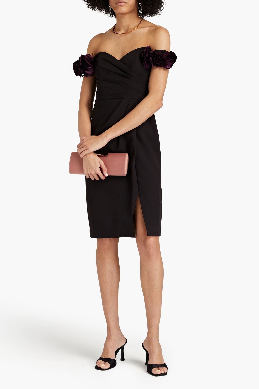 MARCHESA NOTTE Off-the-shoulder floral-appliquéd crepe dress