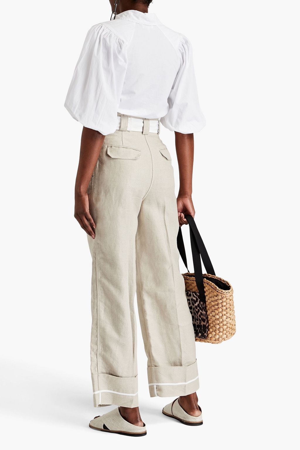 GANNI Belted pleated linen wide-leg pants
