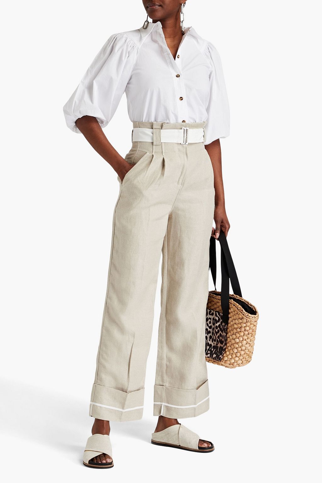 GANNI Belted pleated linen wide-leg pants