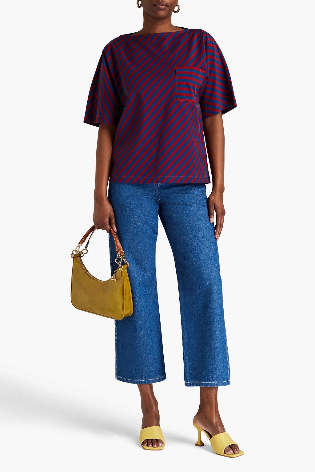 TORY BURCH 로고 자수 장식 스트라이프 코튼 저지 티셔츠