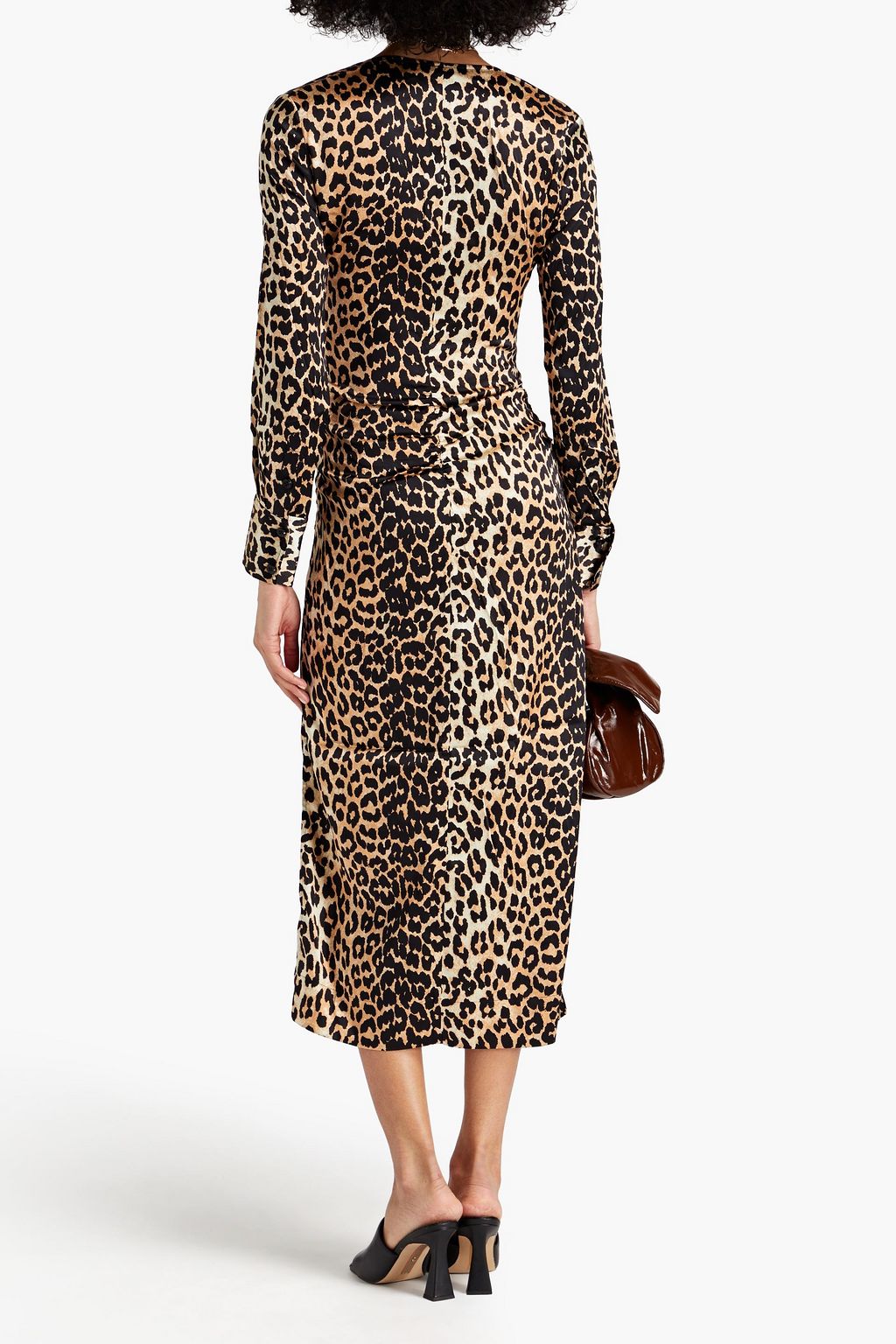 GANNI Ruched leopard-print silk-blend satin midi dress