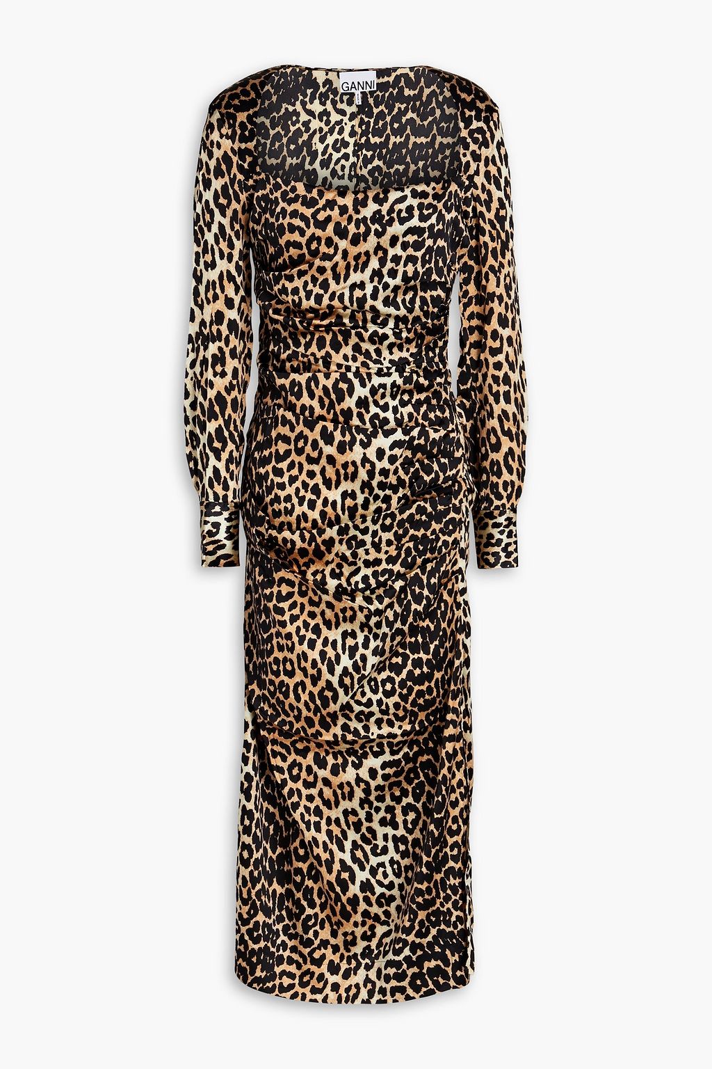 GANNI Ruched leopard-print silk-blend satin midi dress | THE OUTNET