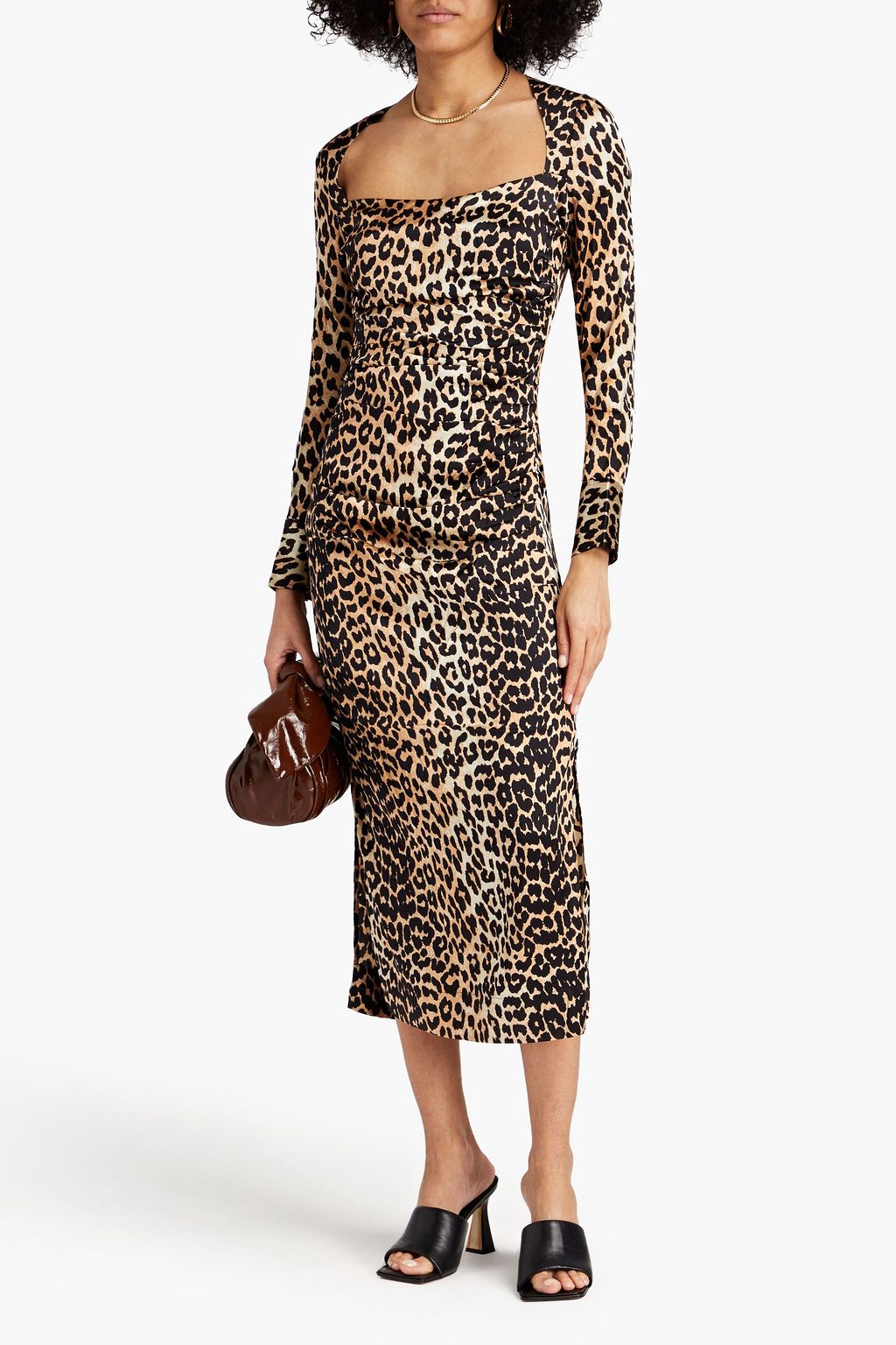 GANNI Ruched leopard-print silk-blend satin midi dress