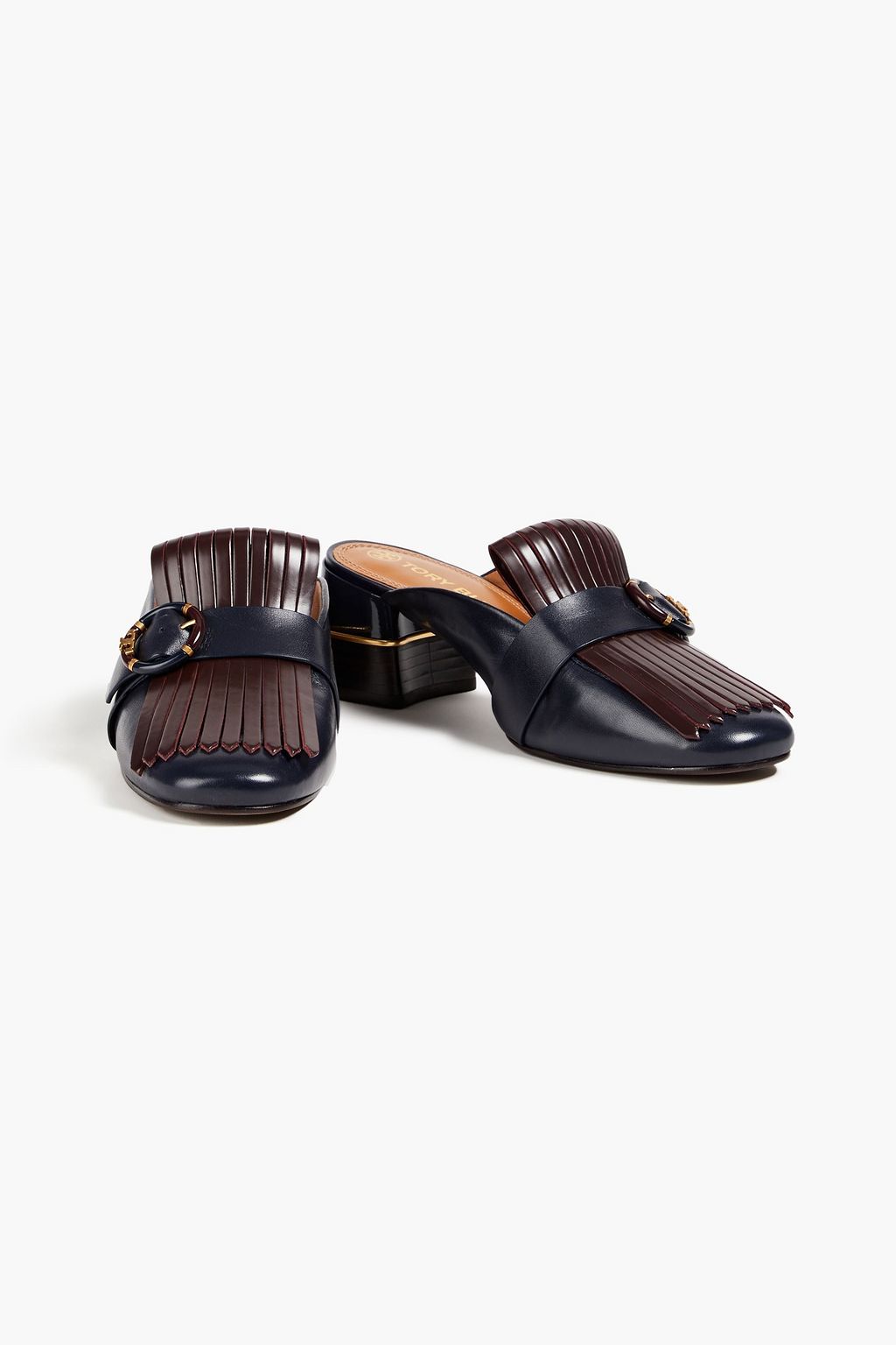 TORY BURCH Kiltie Mules aus Leder mit Verzierung und Fransen