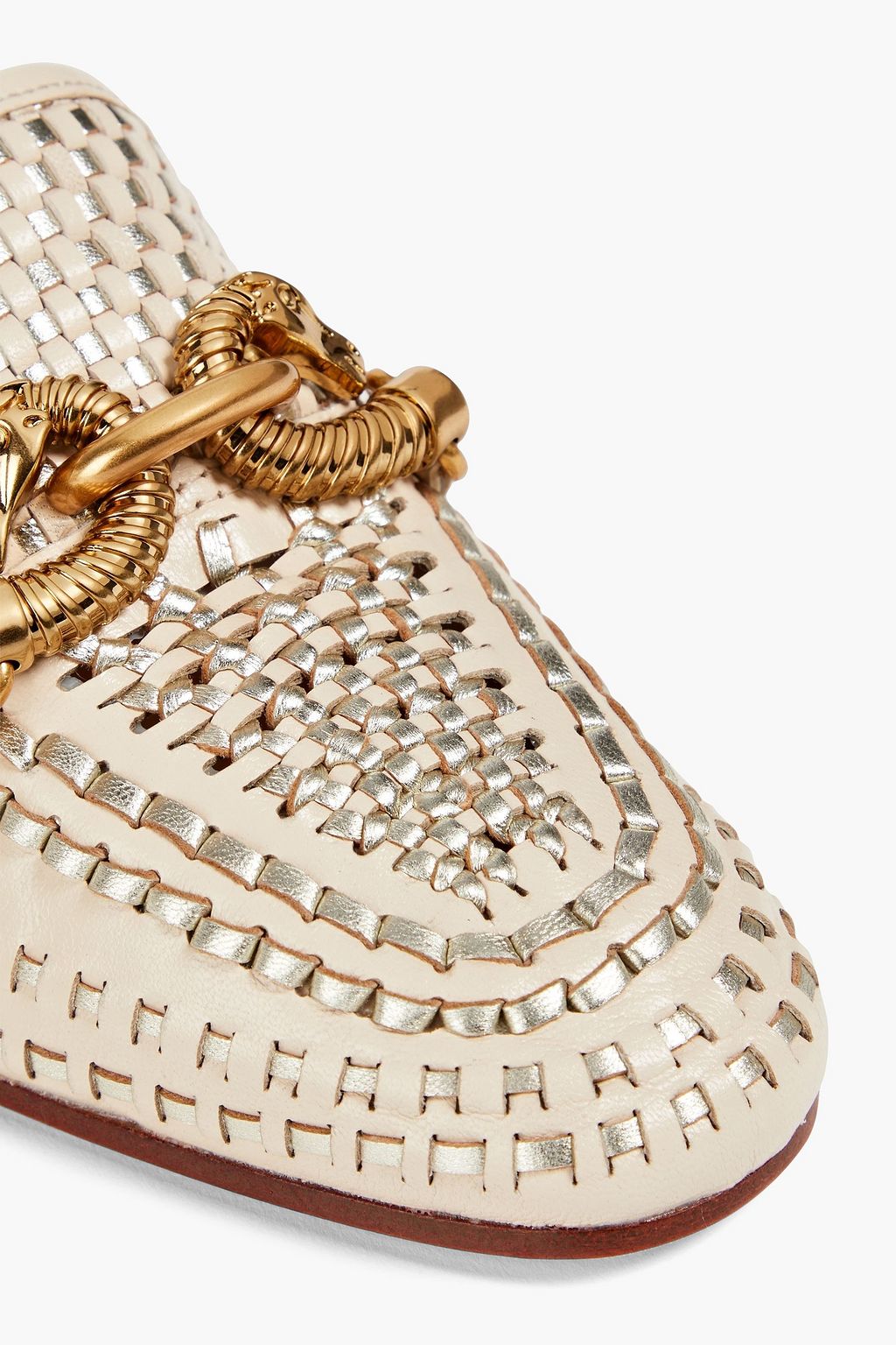 TORY BURCH Jessa Loafers aus geflochtenem Metallic-Leder mit Kettenverzierung