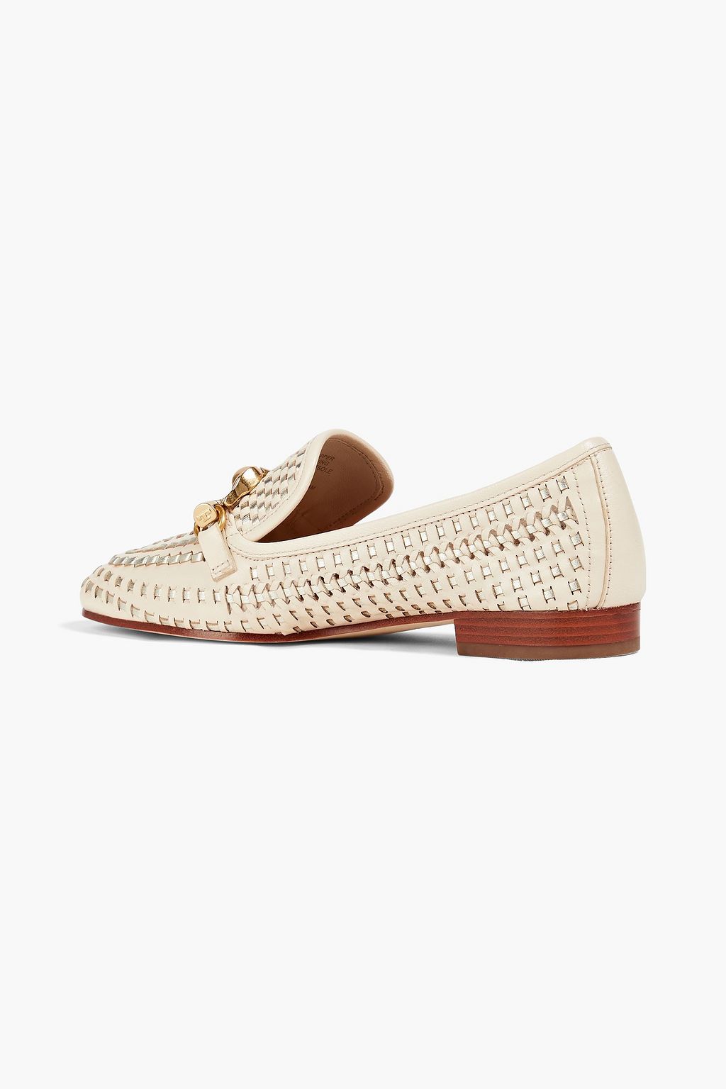 TORY BURCH Jessa Loafers aus geflochtenem Metallic-Leder mit Kettenverzierung