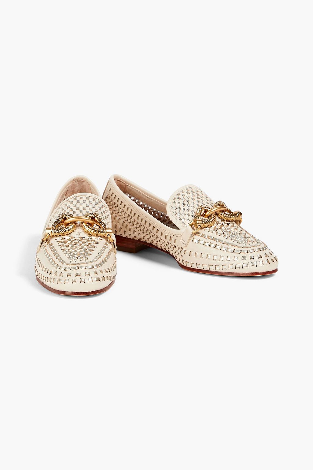 TORY BURCH Jessa Loafers aus geflochtenem Metallic-Leder mit Kettenverzierung