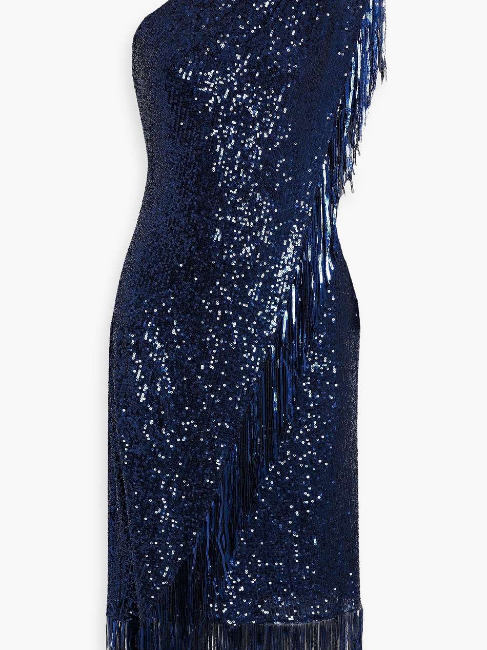 one-shoulder wrap-effect sequined mesh midi dress