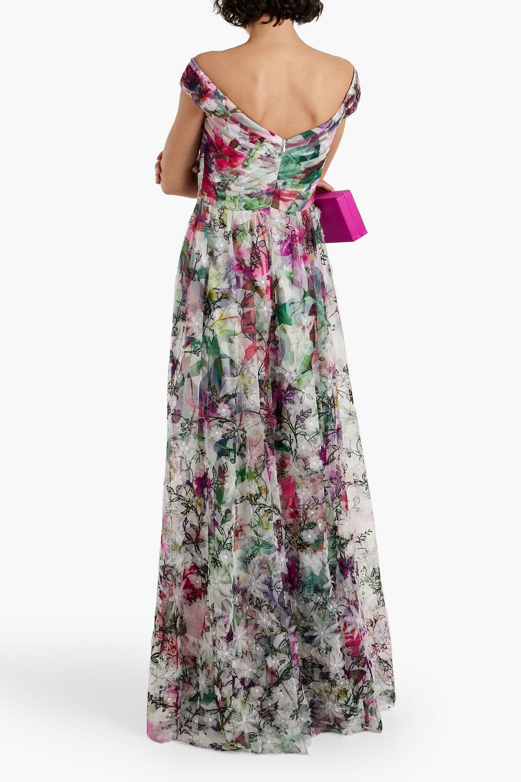 MARCHESA NOTTE Off-the-shoulder pintucked floral-print tulle gown