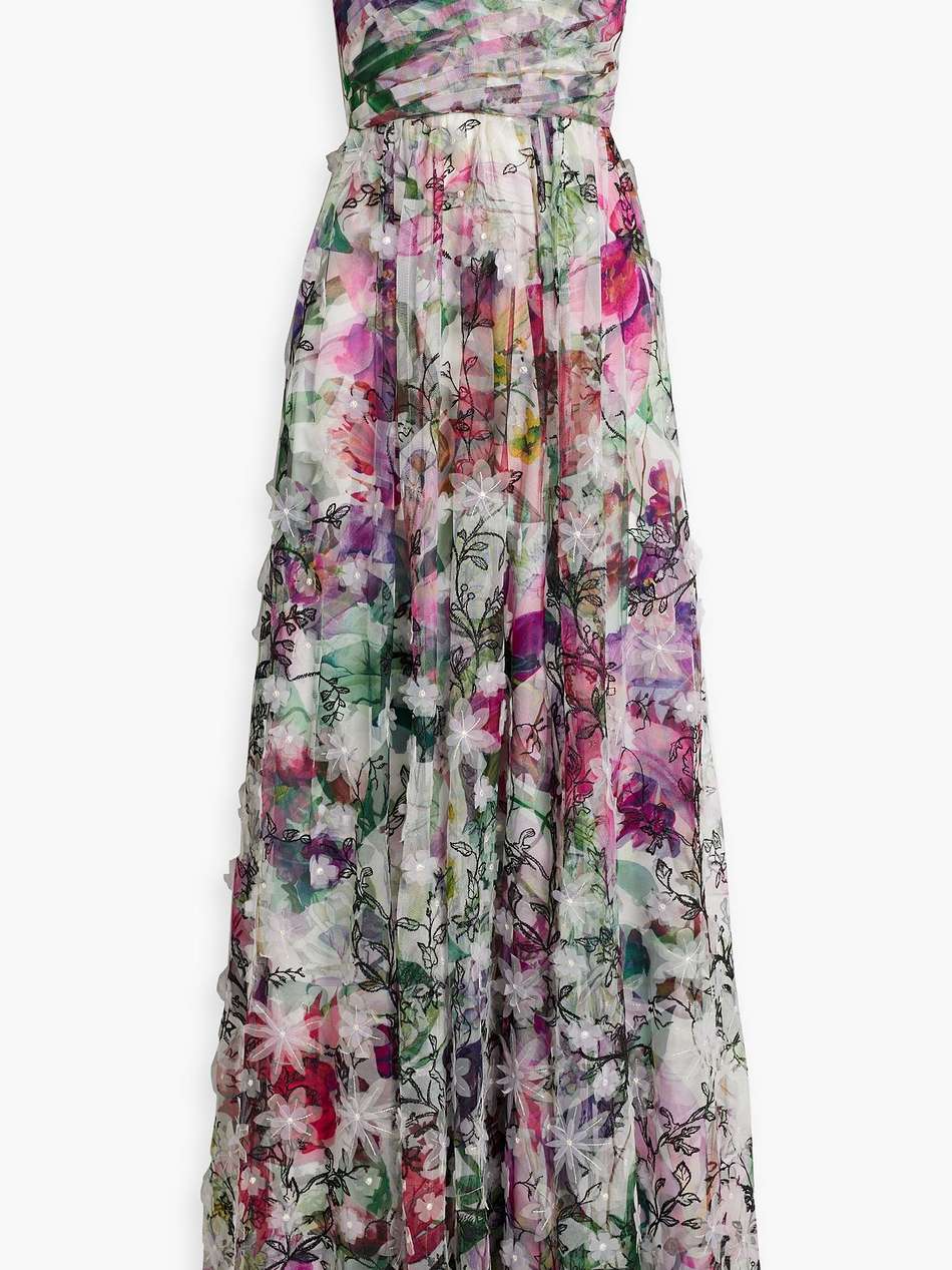 off-the-shoulder pintucked floral-print tulle gown